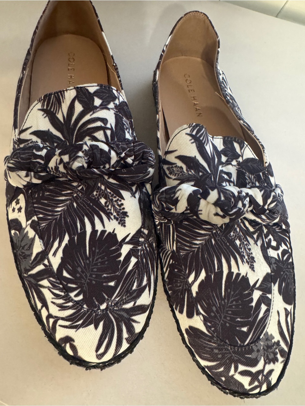 Cole Haan Black and White Tropical Print Slip-On Loafers